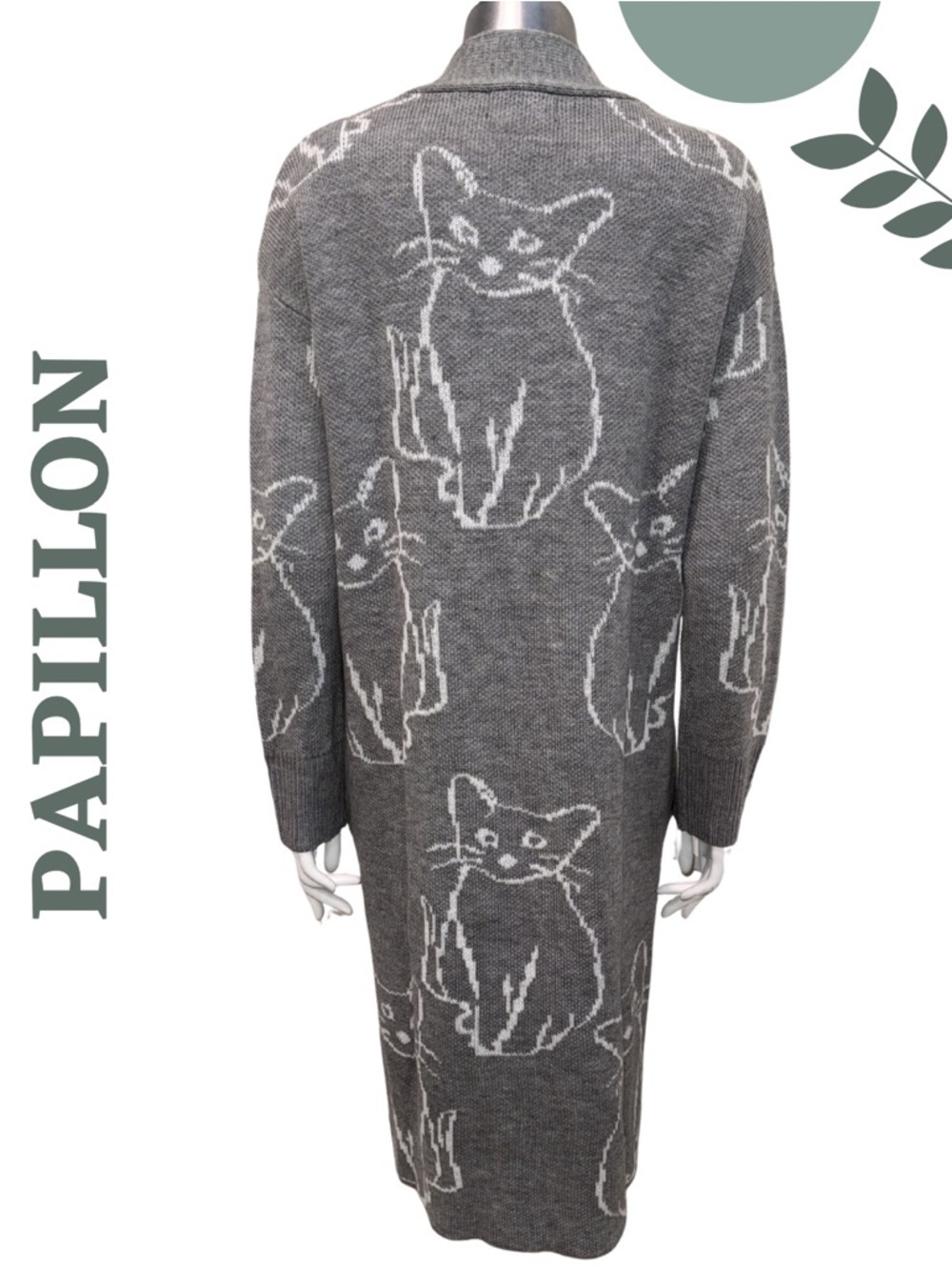 Papillon Cat Knit Cardigan Grey Long Duster Medium NWT - Picture 7 of 8
